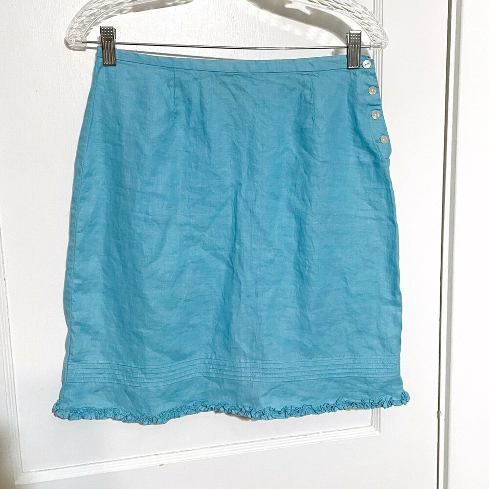 GAP Vintage Y2K Blue Side Buttons Skirt Ruffle Linen Vintage Womens Size 6